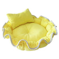 Yellow floral bud shaped polar fleece dog bed with a matching plush pillow for neck support.