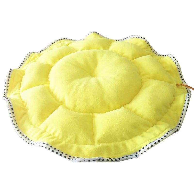 Yellow floral bud shaped polar fleece dog bed with a matching plush pillow for neck support. — view 2