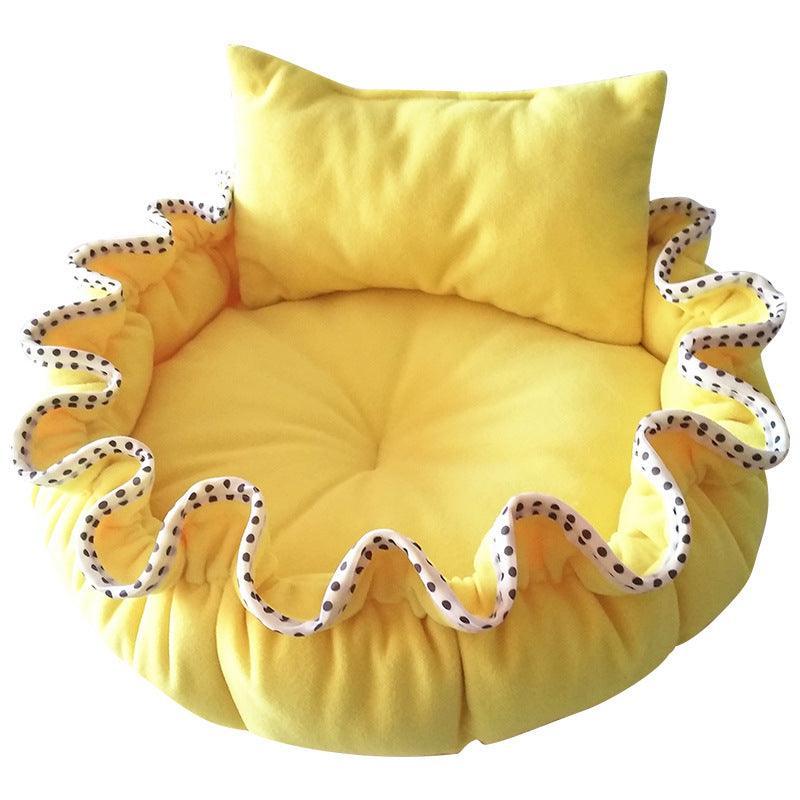 Yellow floral bud shaped polar fleece dog bed with a matching plush pillow for neck support. — view 5