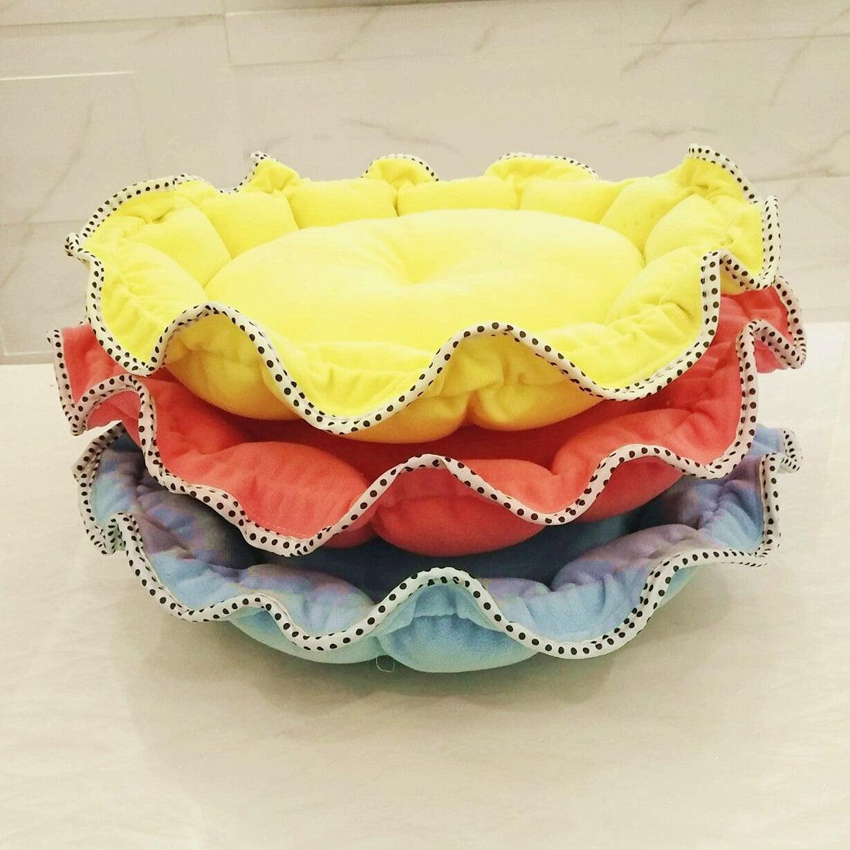 Yellow floral bud shaped polar fleece dog bed with a matching plush pillow for neck support. — view 4