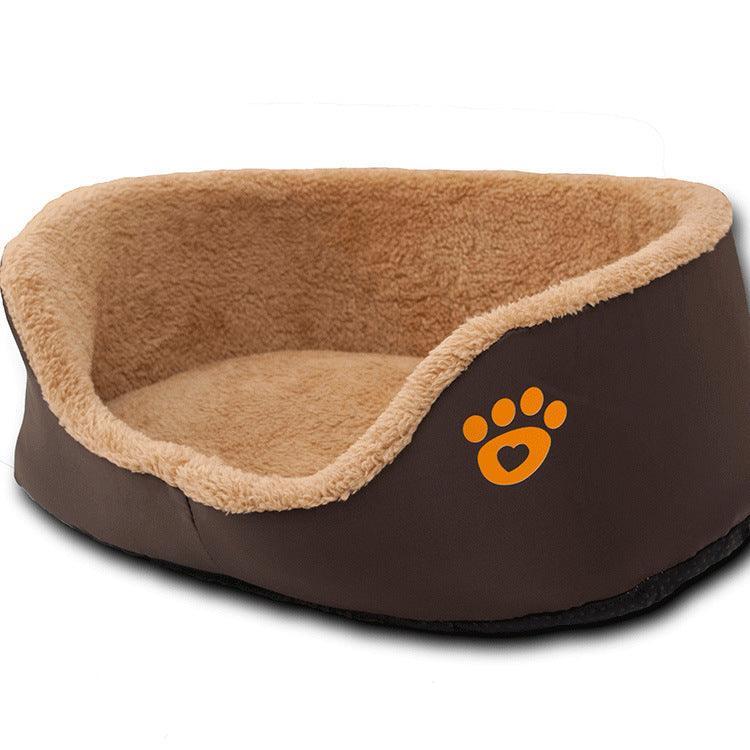 Brown plush round CozyPaws dog bed made of soft fleece and Oxford fabric