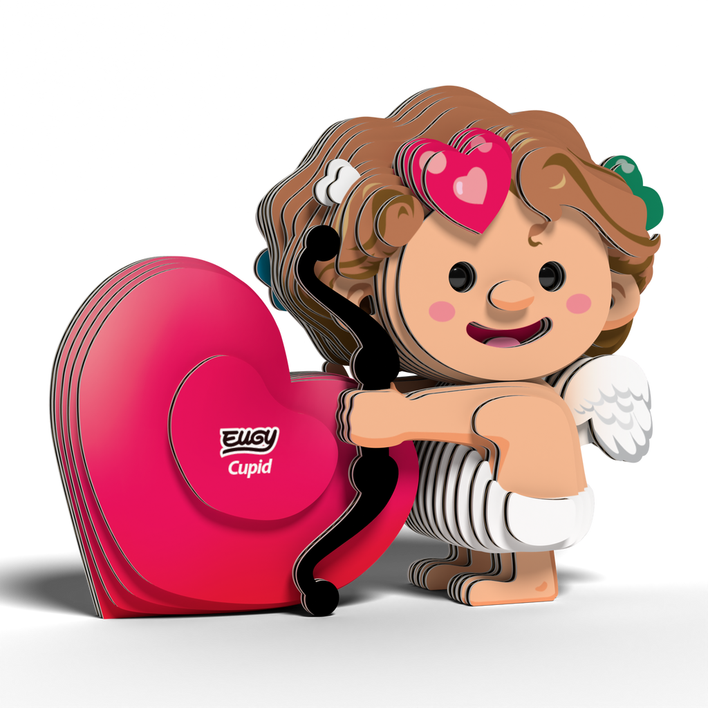Assembled cardboard Cupid 3D puzzle with a smiling face bow and red heart — view 3