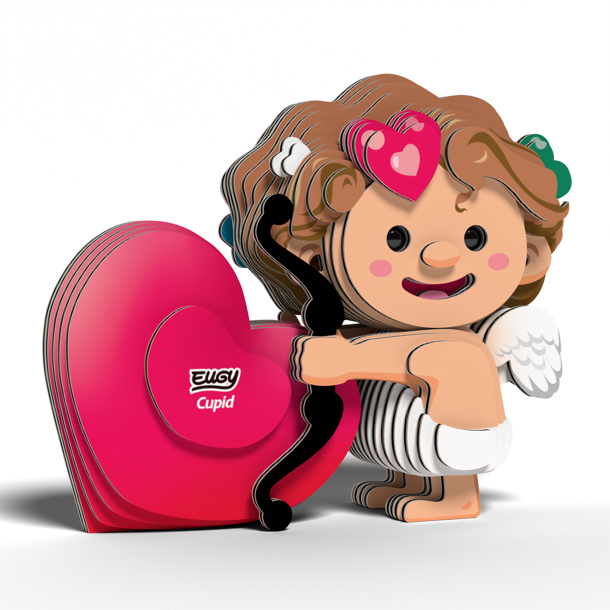 Assembled cardboard Cupid 3D puzzle with a smiling face bow and red heart — view 3