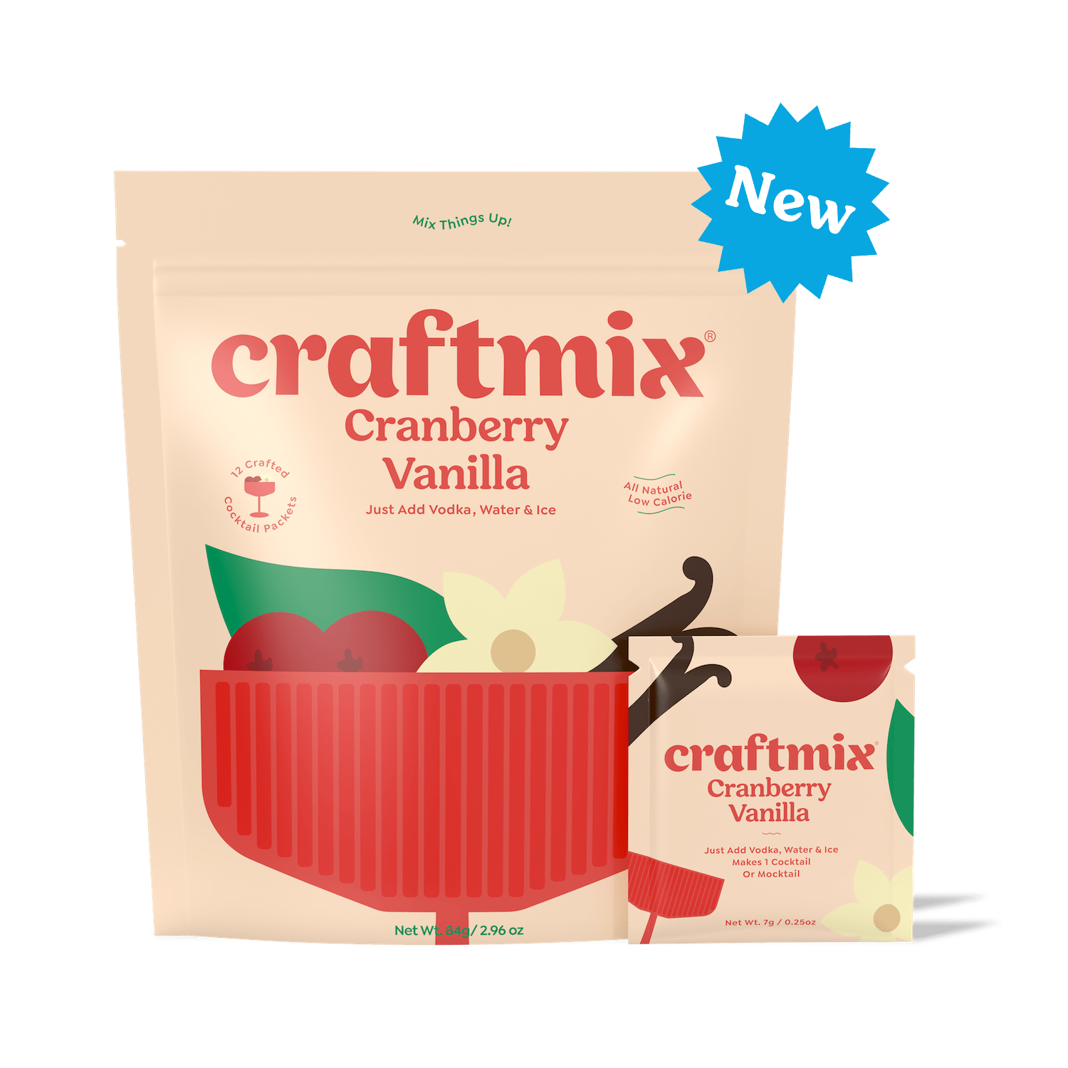 Cranberry Vanilla cocktail mix packet, premium holiday beverage blend in single serve packaging