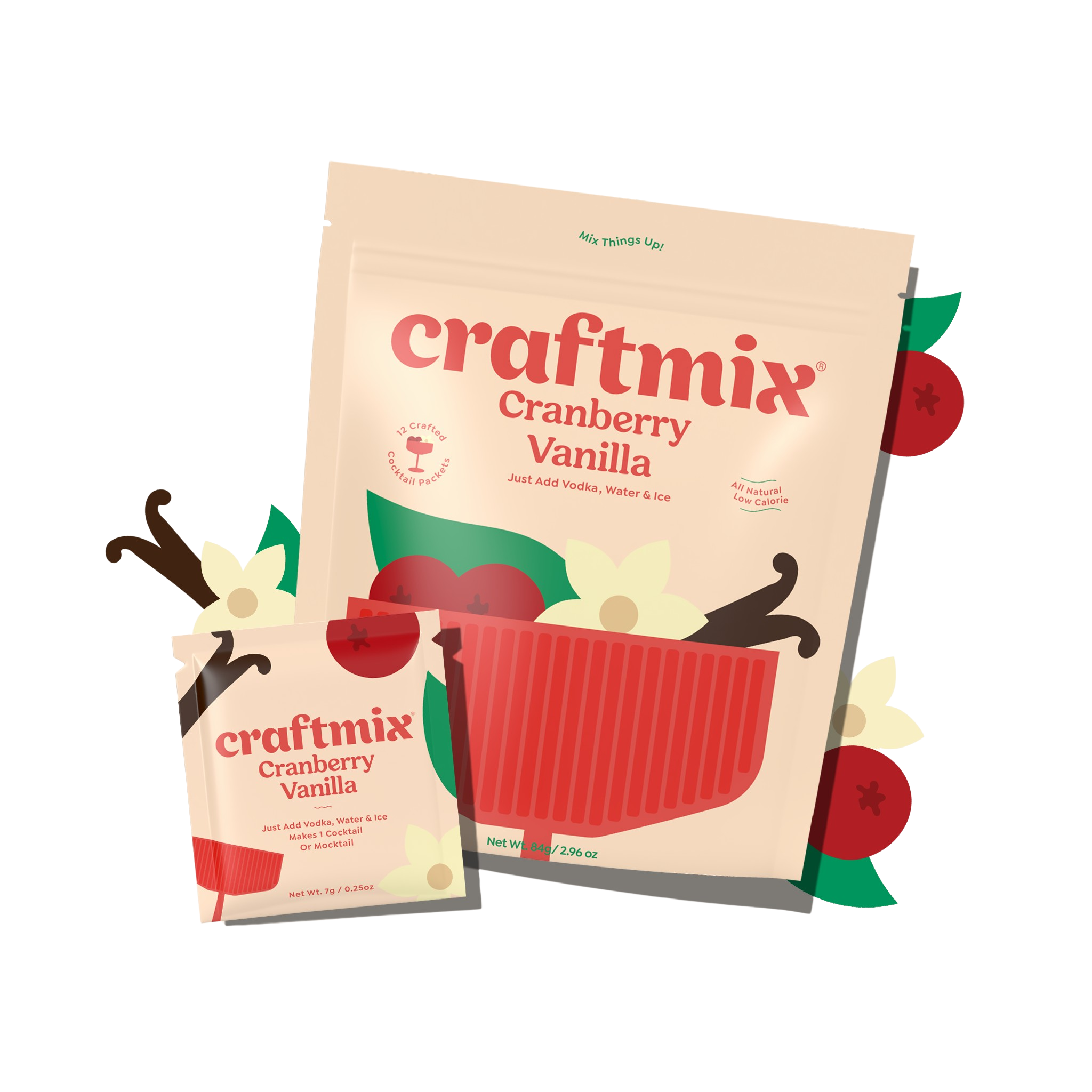 Cranberry Vanilla cocktail mix packet, premium holiday beverage blend in single serve packaging — view 2