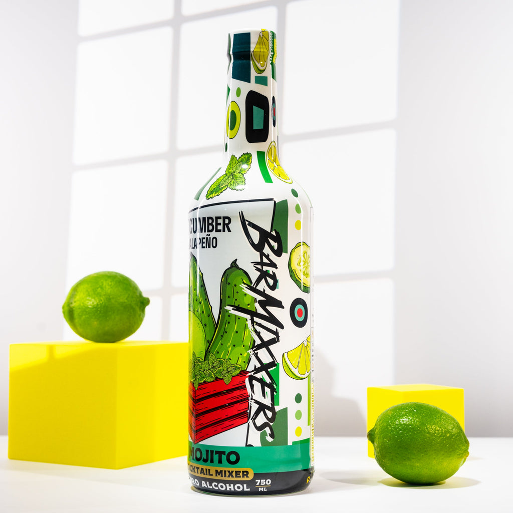 Cucumber jalapeño mojito mix in a 750ml glass bottle with natural green cocktail ingredients — view 2