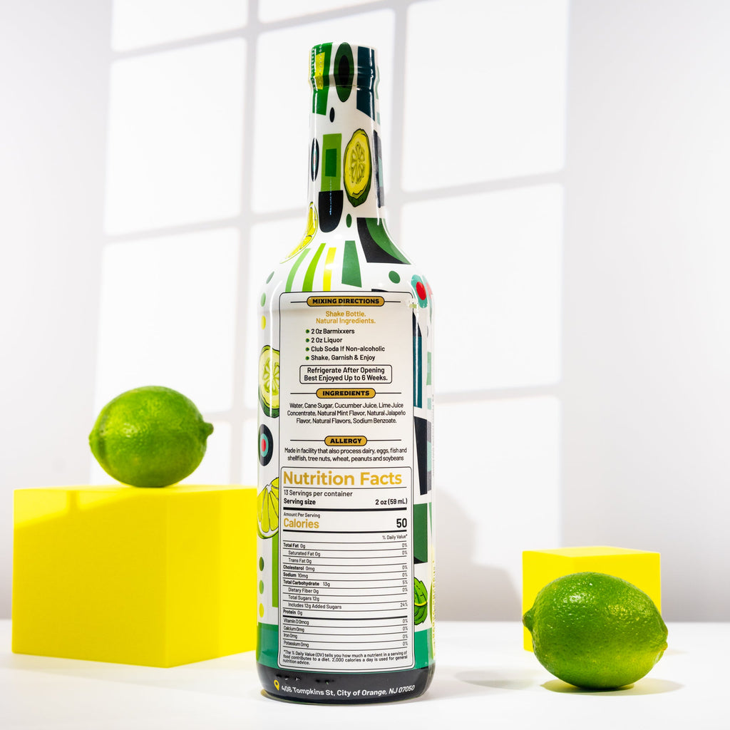 Cucumber jalapeño mojito mix in a 750ml glass bottle with natural green cocktail ingredients — view 3