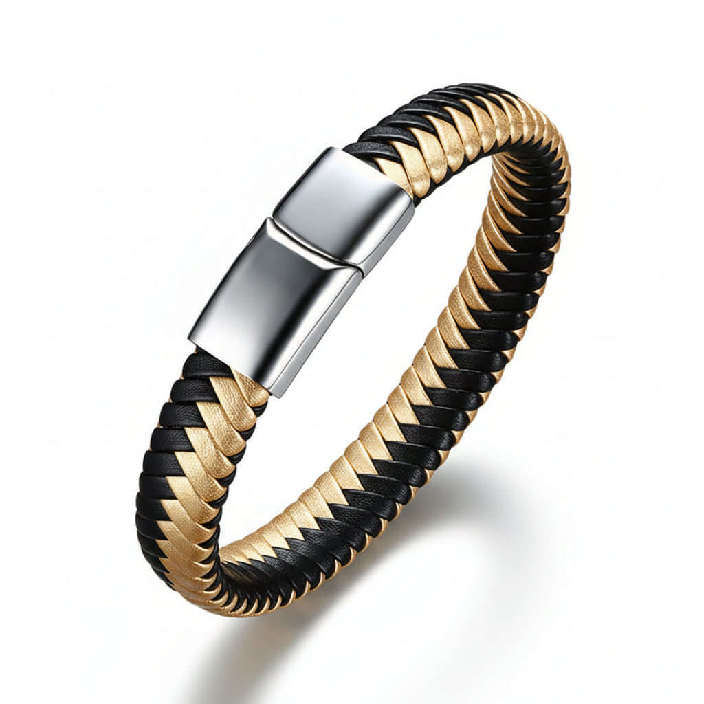 Custom engraved men's leather bracelet featuring a black strap and geometric stainless steel plate