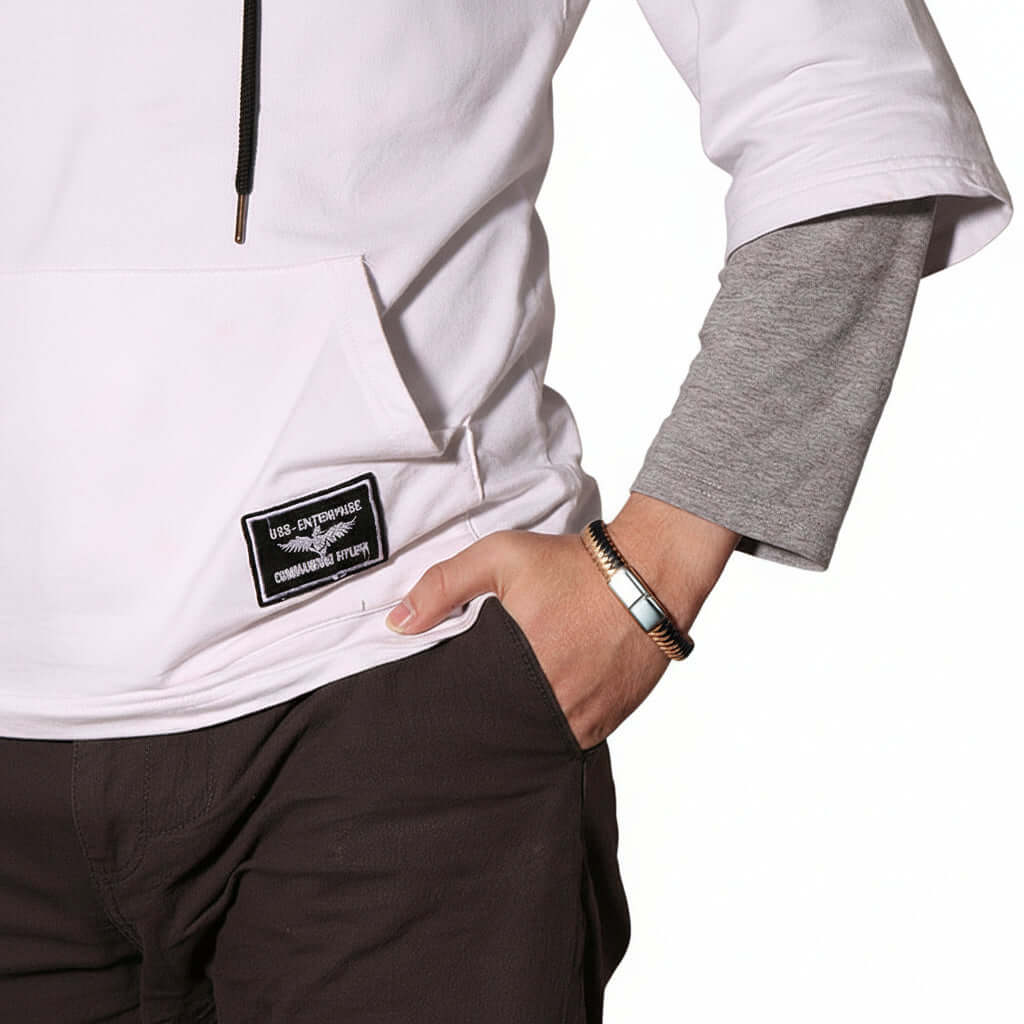 Custom engraved men's leather bracelet featuring a black strap and geometric stainless steel plate — view 3