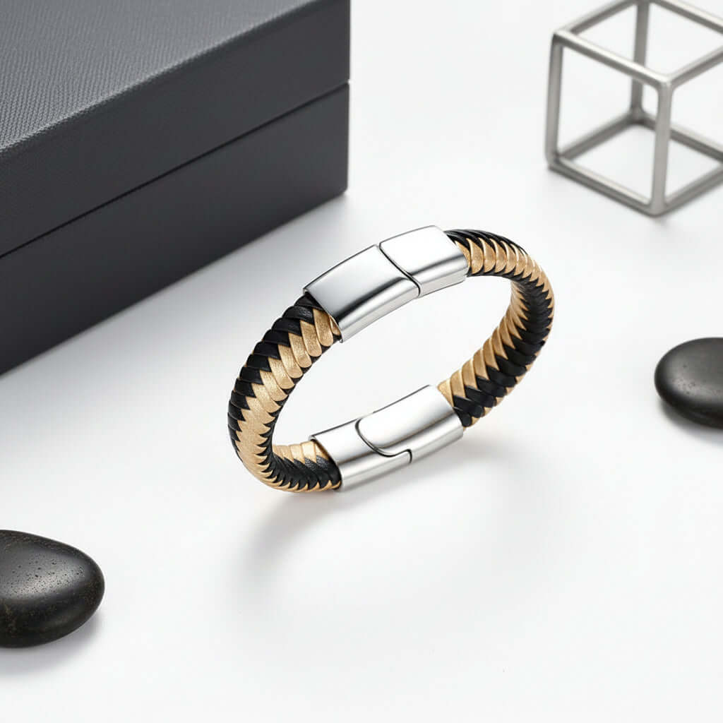 Custom engraved men's leather bracelet featuring a black strap and geometric stainless steel plate — view 4