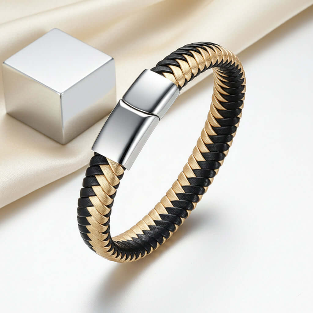 Custom engraved men's leather bracelet featuring a black strap and geometric stainless steel plate — view 5