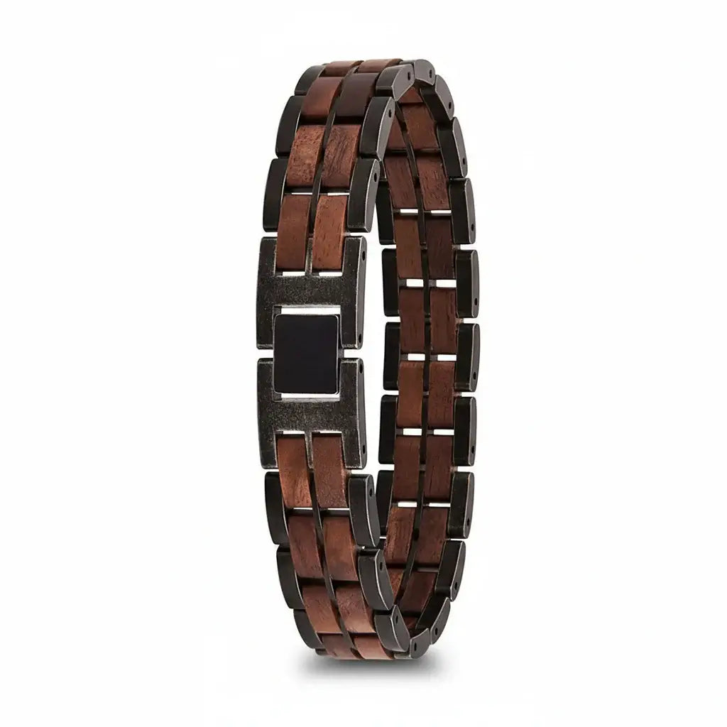Custom engraved wooden couple's bracelet with a sleek adjustable steel clasp and natural wood finish