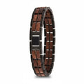 Custom engraved wooden couple's bracelet with a sleek adjustable steel clasp and natural wood finish