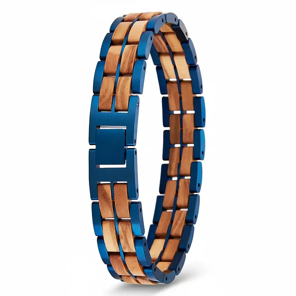 Custom engraved wooden couple's bracelet with a sleek adjustable steel clasp and natural wood finish — view 2