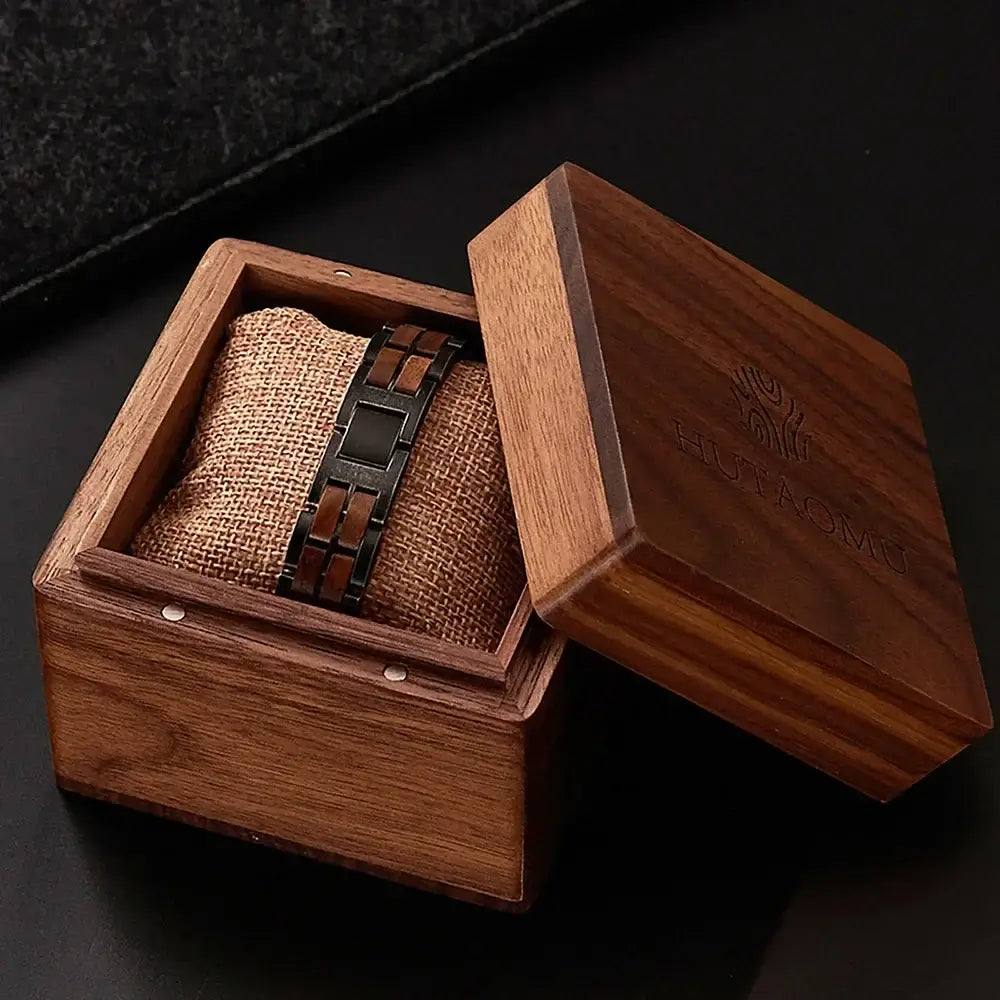 Custom engraved wooden couple's bracelet with a sleek adjustable steel clasp and natural wood finish — view 4