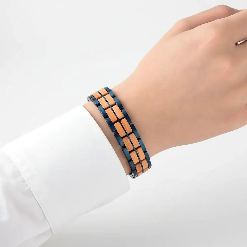 Custom engraved wooden couple's bracelet with a sleek adjustable steel clasp and natural wood finish — view 5