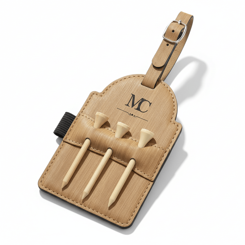 Custom leatherette golf bag tag with strap and three wooden tees on a solid background