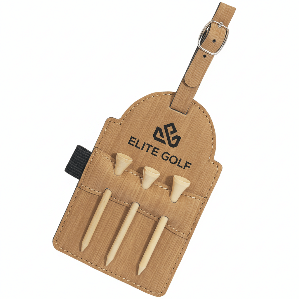 Custom leatherette golf bag tag with strap and three wooden tees on a solid background — view 3
