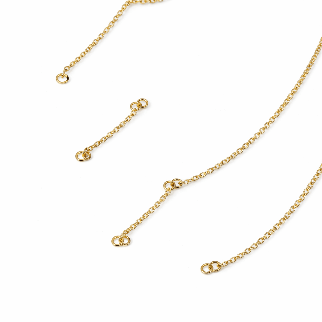 Personalized gold nameplate necklace featuring three custom name charms on an adjustable chain.