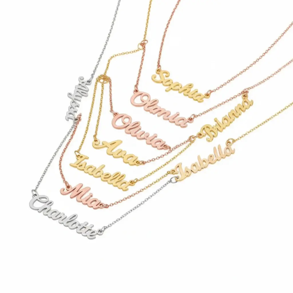 Personalized gold nameplate necklace featuring three custom name charms on an adjustable chain. — view 3