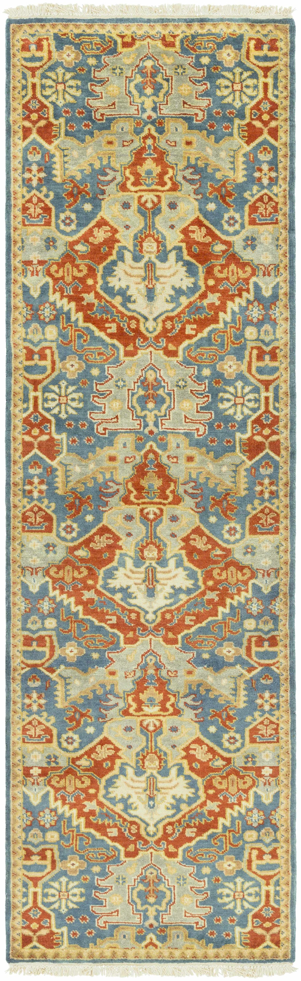 Traditional hand knotted New Zealand wool runner rug featuring tribal pattern in blue mustard and sage — view 4