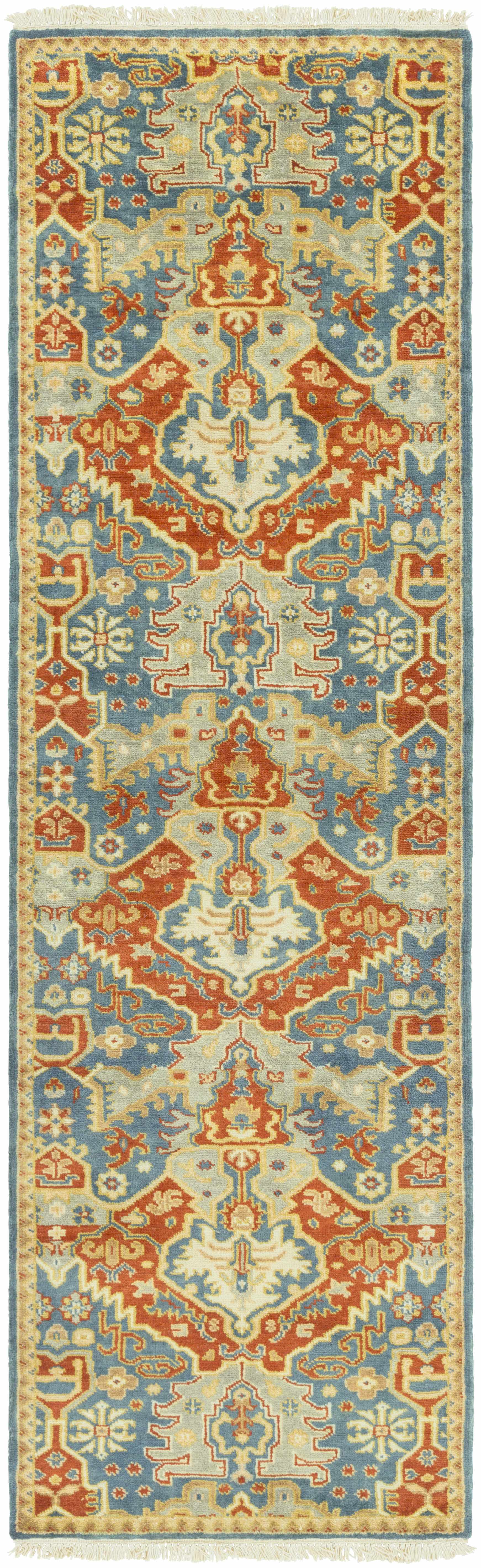 Traditional hand knotted New Zealand wool runner rug featuring tribal pattern in blue mustard and sage — view 4
