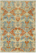 Traditional hand knotted New Zealand wool runner rug featuring tribal pattern in blue mustard and sage
