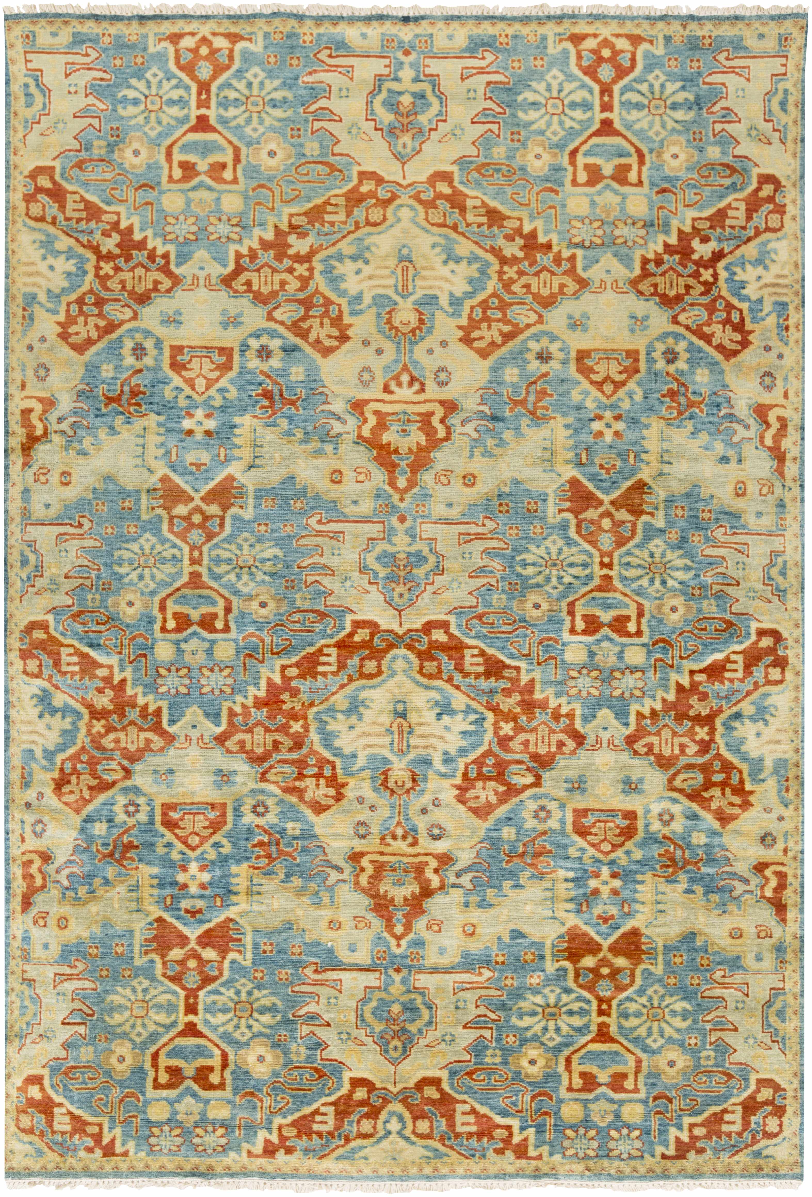 Traditional hand knotted New Zealand wool runner rug featuring tribal pattern in blue mustard and sage