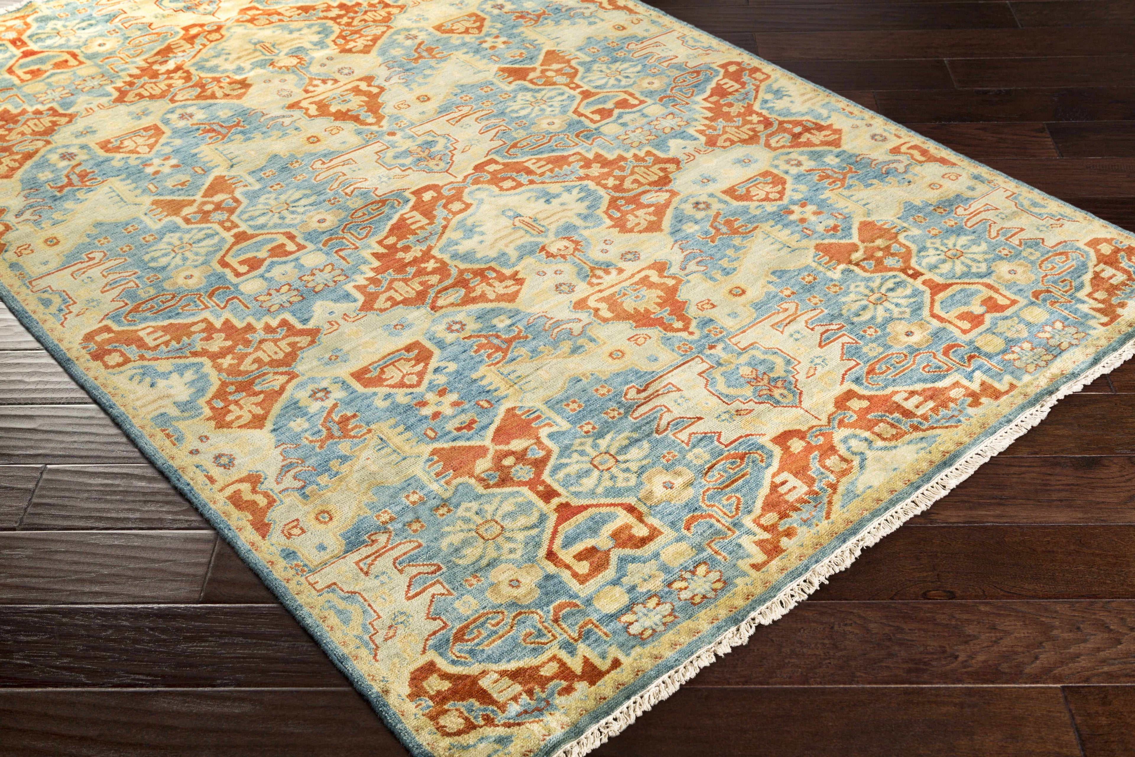 Traditional hand knotted New Zealand wool runner rug featuring tribal pattern in blue mustard and sage — view 2