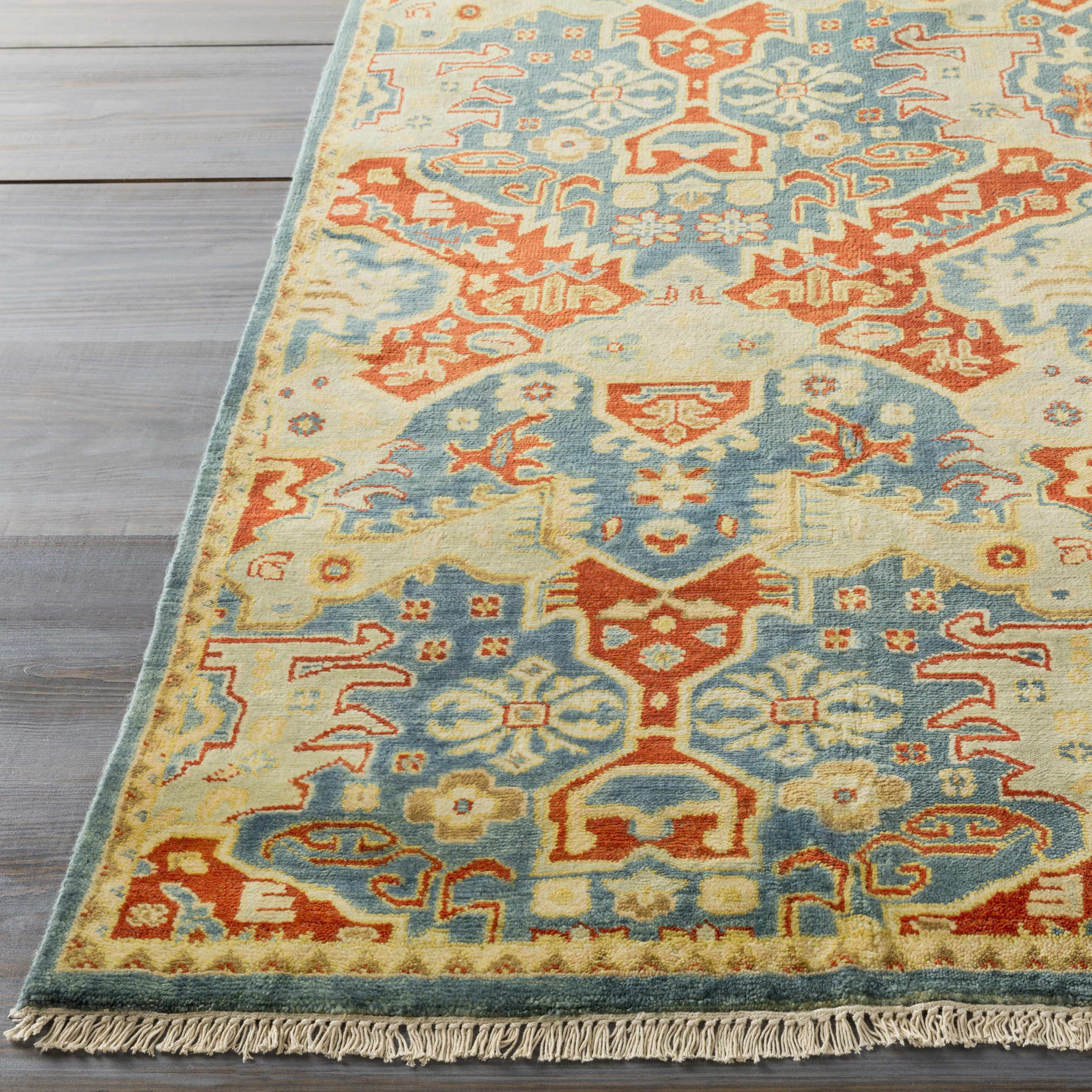 Traditional hand knotted New Zealand wool runner rug featuring tribal pattern in blue mustard and sage — view 5