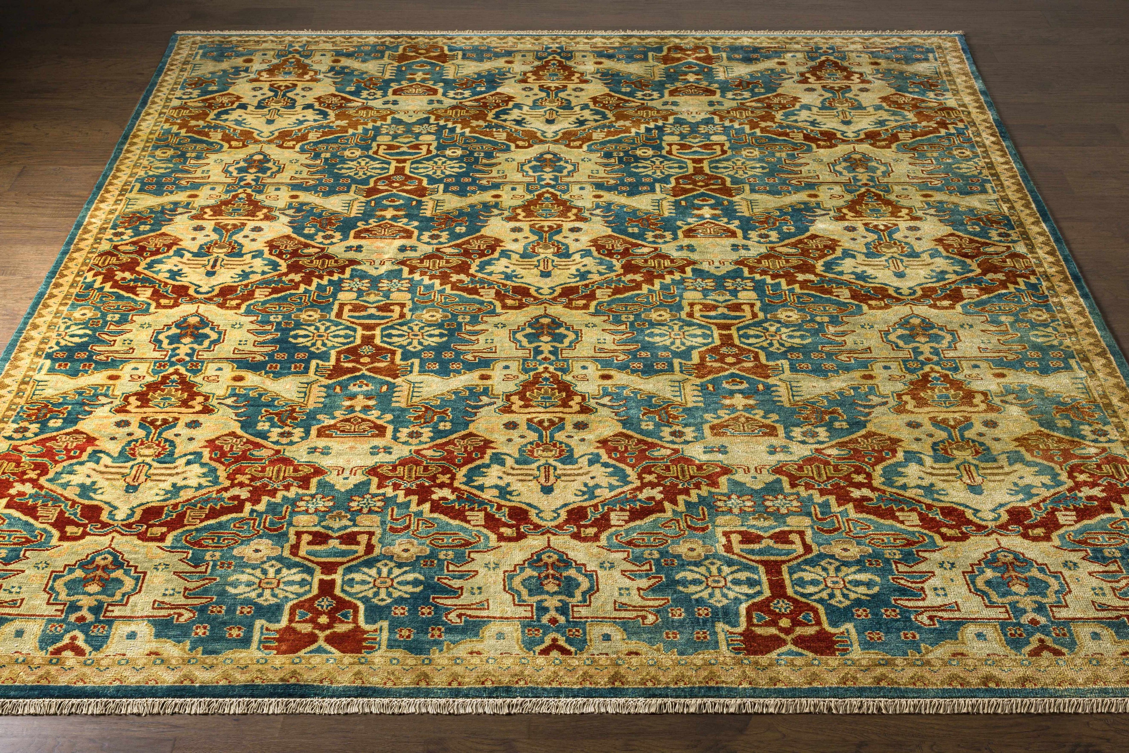 Traditional hand knotted New Zealand wool runner rug featuring tribal pattern in blue mustard and sage — view 3