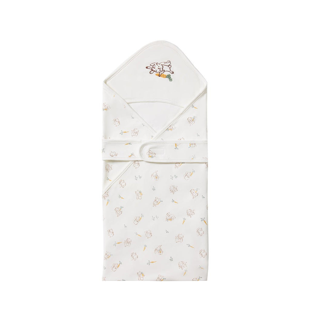 Cute rabbit baby swaddle wrap in warm white cotton with plush padding and bunny embroidery — view 4