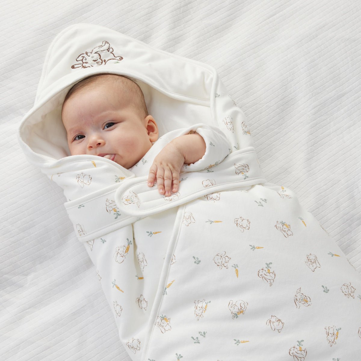Cute rabbit embroidered white baby swaddle wrap in premium lightweight cotton for newborns — view 2
