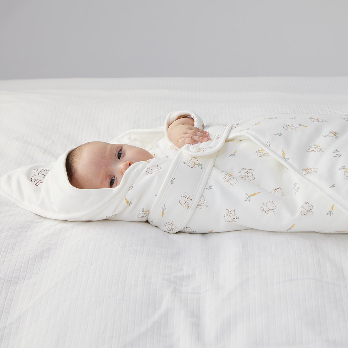 Cute rabbit embroidered white baby swaddle wrap in premium lightweight cotton for newborns — view 3