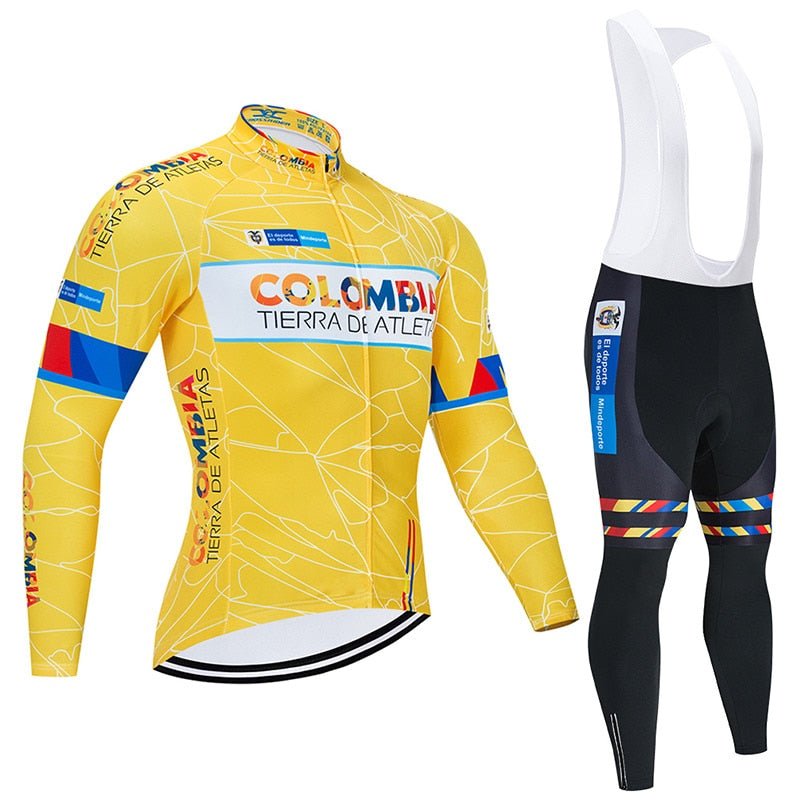 Colombia men's long sleeve cycling jersey and 9D padded bib set in quick-dry fabric.