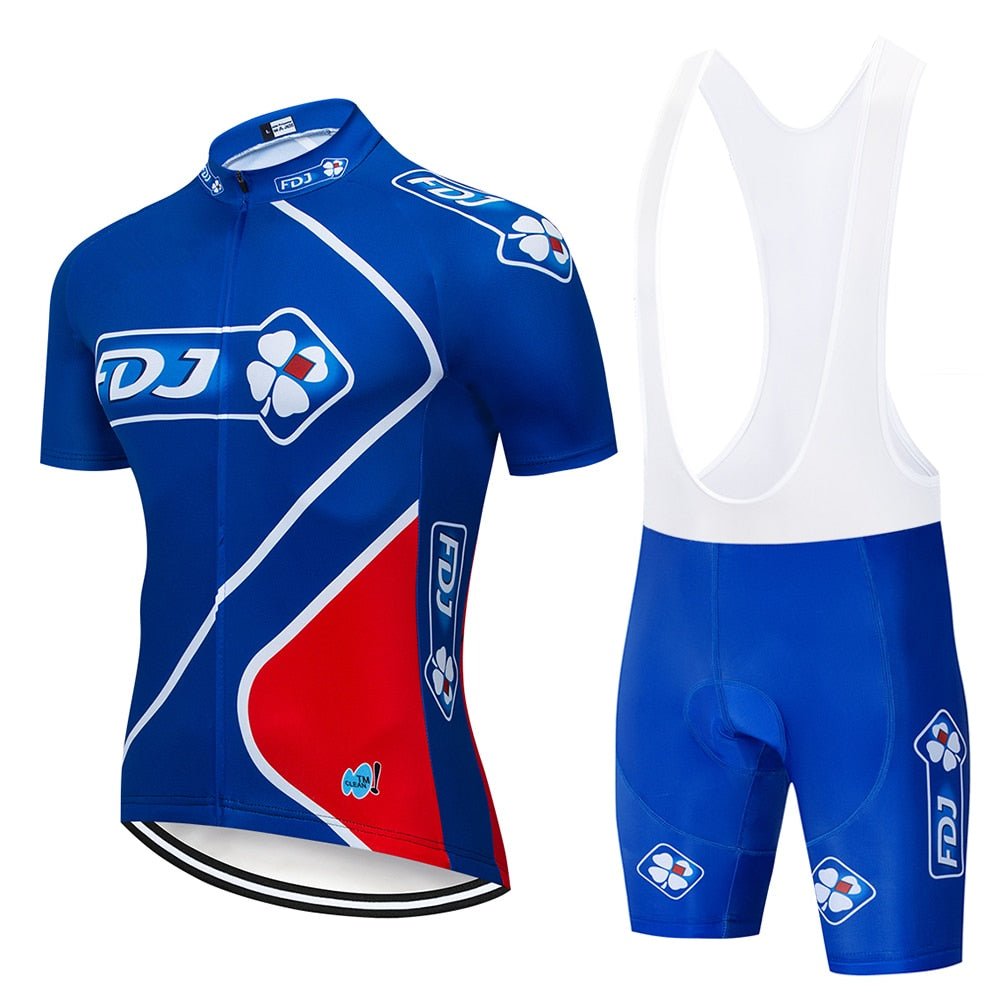 Men's professional cycling jersey set with short sleeves and padded bib shorts in vibrant colors — view 4