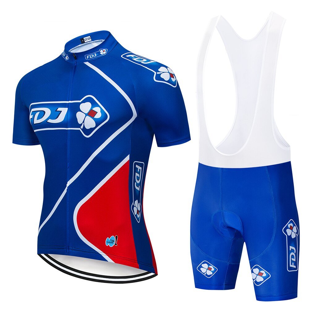 Men's professional cycling jersey set with short sleeves and padded bib shorts in vibrant colors