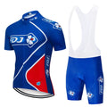Men's professional cycling jersey set with short sleeves and padded bib shorts in vibrant colors