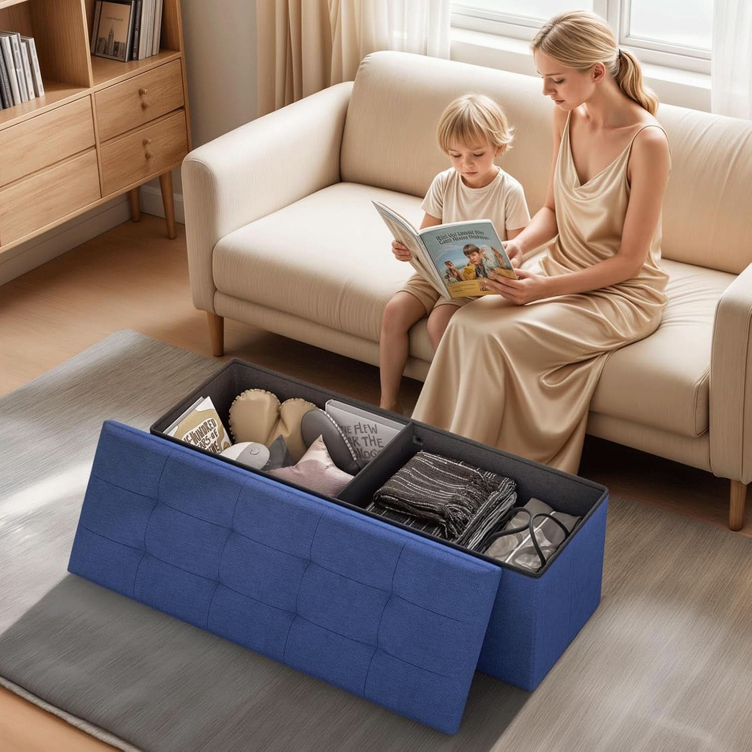 Navy blue folding storage ottoman bench with padded seat and hidden interior chest — view 2
