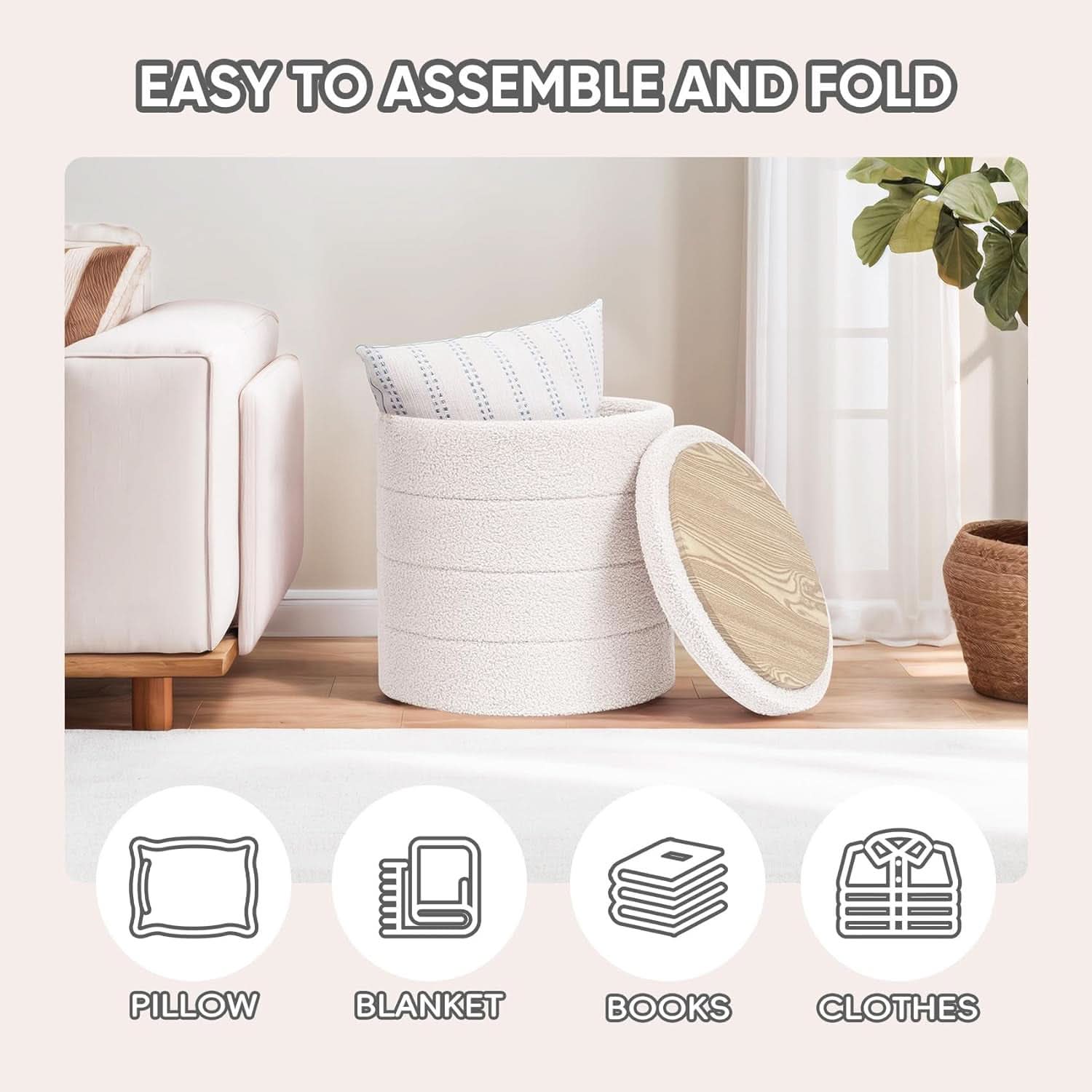 Round white velvet storage ottoman with flippable wooden tray top used as a coffee table — view 5