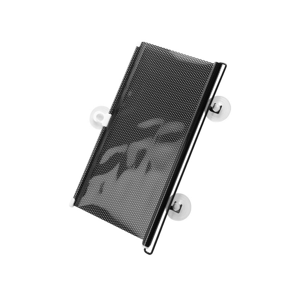 Black PVC retractable front windshield sun shade visor with suction cups mounted in car interior — view 3