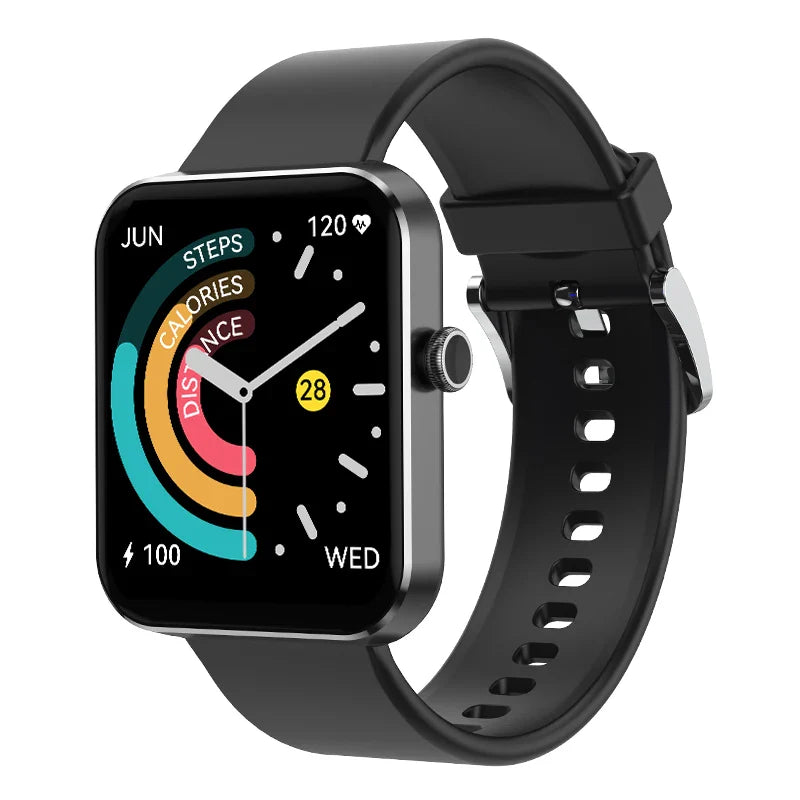 Black waterproof fitness tracker smartwatch displaying a custom high-resolution digital watch face