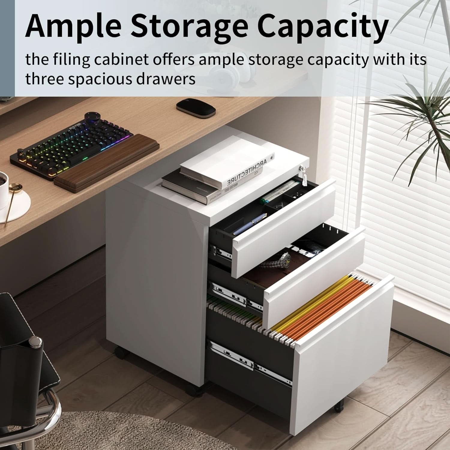 White rolling file cabinet with three secure drawers and matte black accents for office storage. — view 4