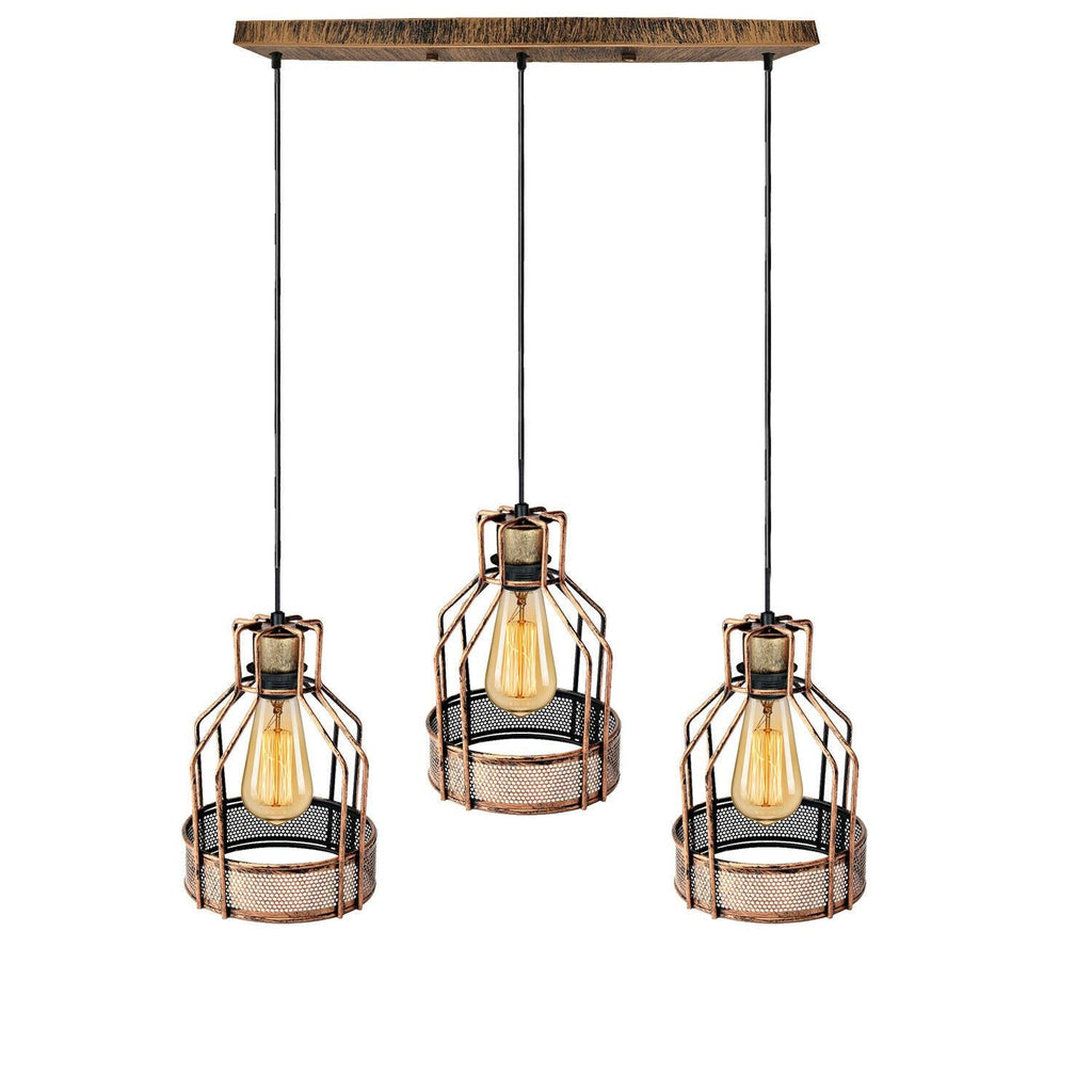 Vintage three head birdcage pendant light in brushed copper finish with hanging cables