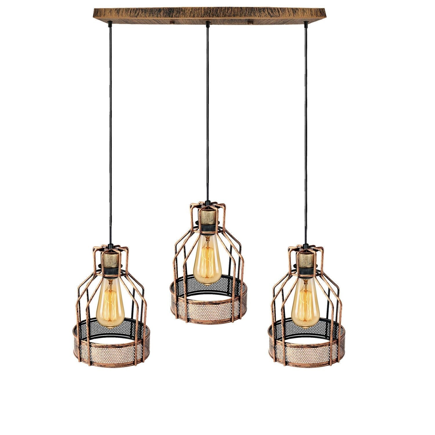 Vintage three head birdcage pendant light in brushed copper finish with hanging cables