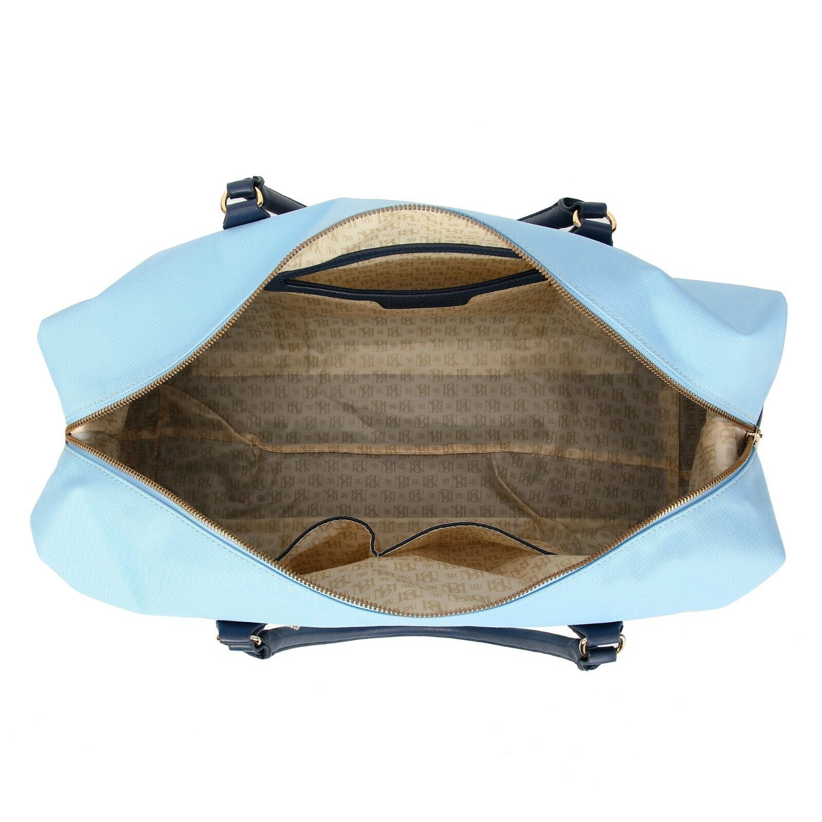 Canvas weekender duffel bag with vegan leather straps and shiny gold hardware — view 3