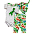 Baby boy 3-piece dinosaur layette set with bodysuit, green patterned joggers, and matching head cap