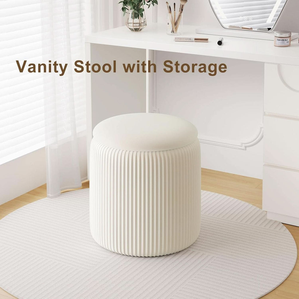 White velvet storage ottoman vanity set with reversible wooden coffee table lid and nesting design — view 3