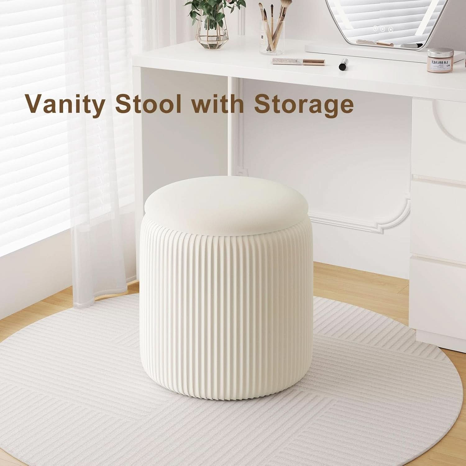 White velvet storage ottoman vanity set with reversible wooden coffee table lid and nesting design — view 3