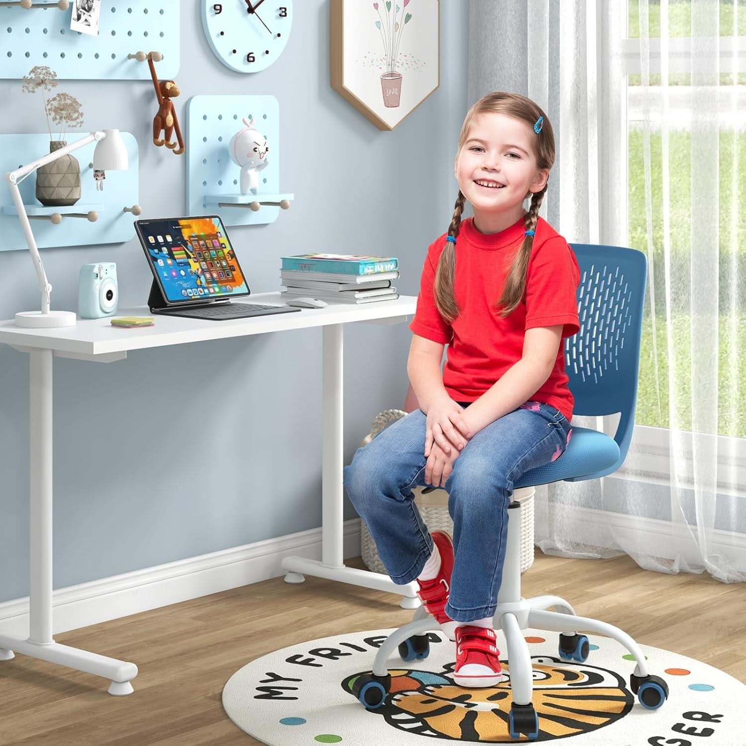 Height adjustable kids desk chair with ergonomic lumbar support armless design and five rolling caster wheels — view 2